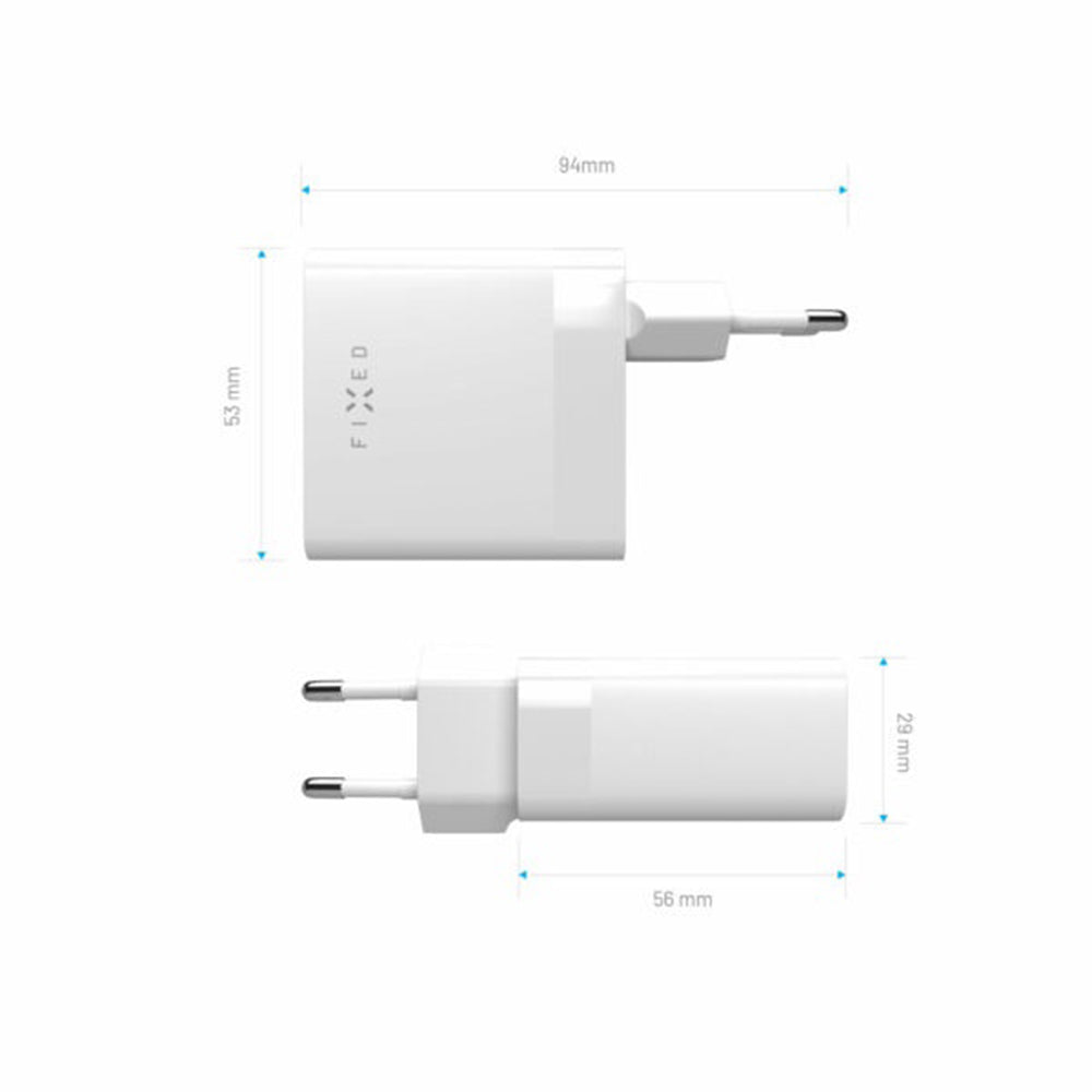 Punjač mreže Fixed, 65W, 3.25A, 2 x USB-C, Beli
