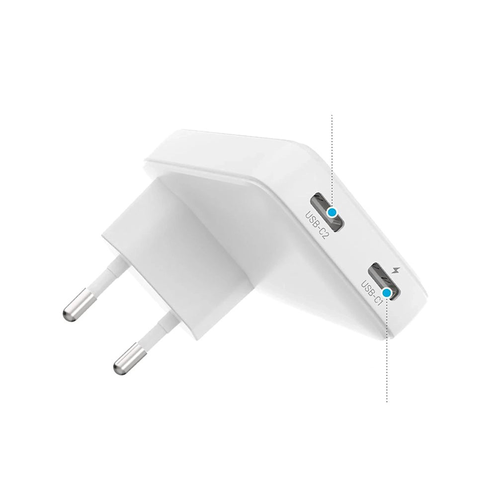 Punjač mreže Fixed Slim, 45W, 3A, 2 x USB-C, Beli