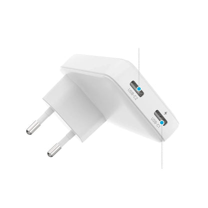 Punjač mreže Fixed Slim, 45W, 3A, 2 x USB-C, Beli