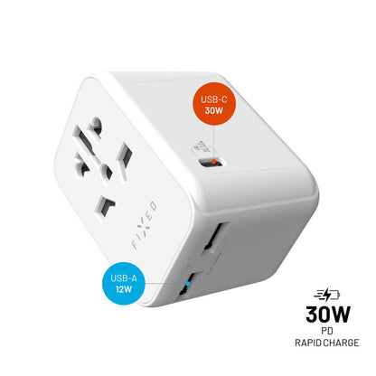 Punjač mreže Fixed Travel, 30W, 3A, 2 x USB-A - 1 x USB-C, Beli
