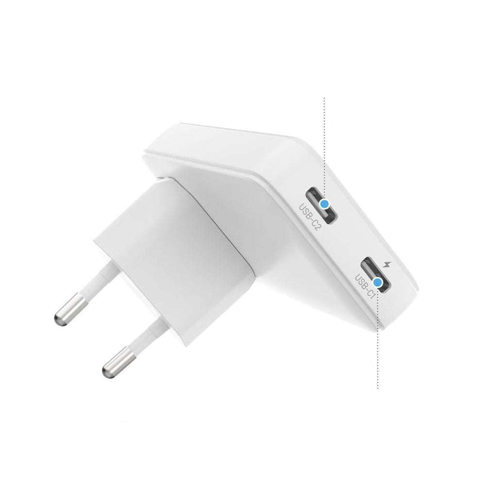 Punjač mreže Fixed Travel, 45W, 3A, 2 x USB-C, Beli