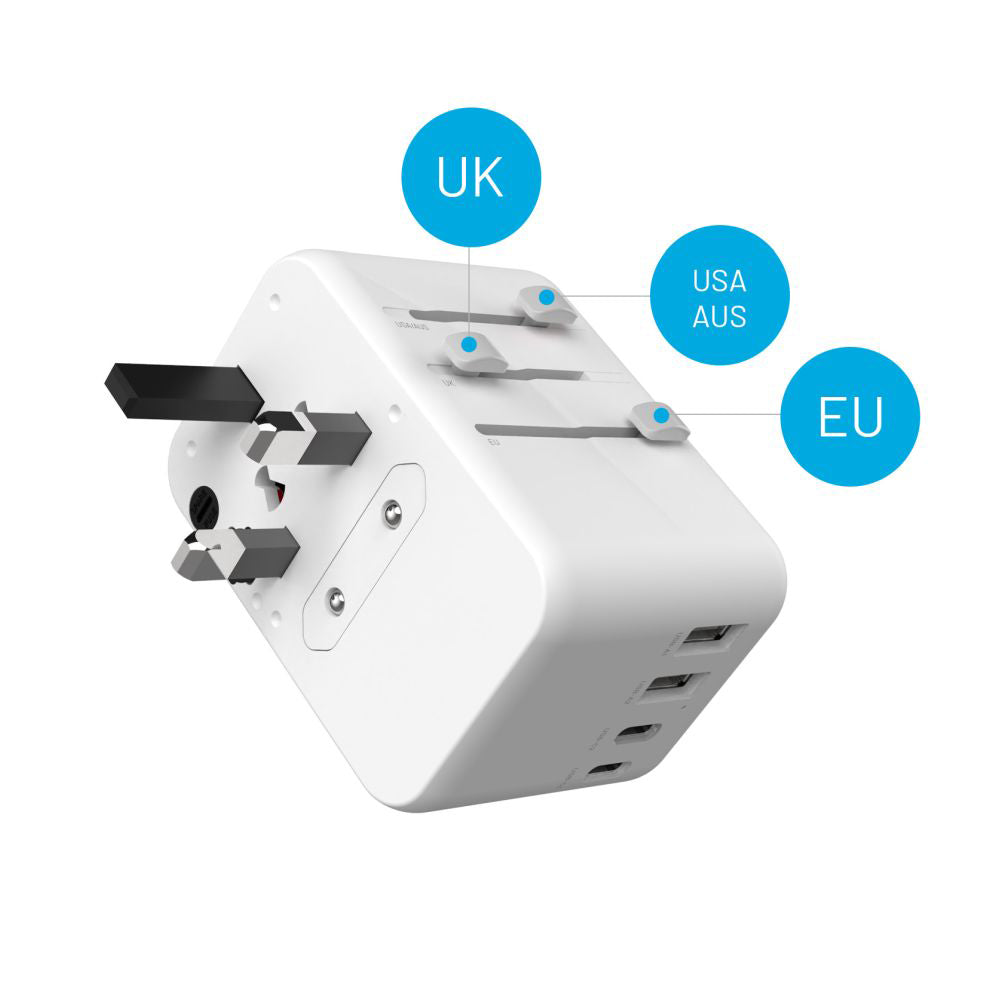 Punjač mreže Fixed Travel, 65W, 3.25A, 2 x USB-A - 3 x USB-C, Beli