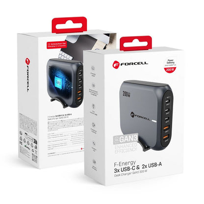 Punjač Stanica Forcell F-ENERGY GaN III VT-51, 200W, 5A, 2 x USB-A - 3 x USB-C, Sivi