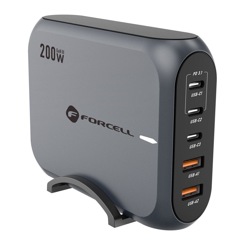 Punjač Stanica Forcell F-ENERGY GaN III VT-51, 200W, 5A, 2 x USB-A - 3 x USB-C, Sivi
