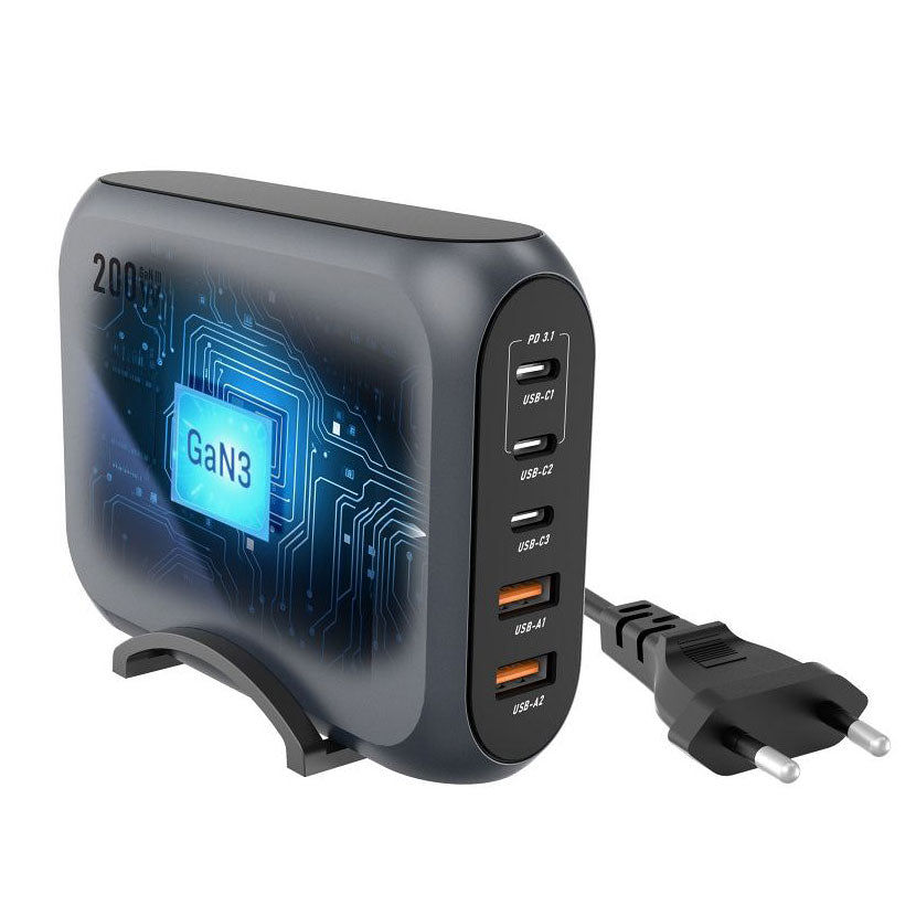 Punjač Stanica Forcell F-ENERGY GaN III VT-51, 200W, 5A, 2 x USB-A - 3 x USB-C, Sivi