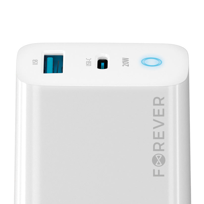 Punjač za mrežu Forever TC-06-20AC, 20W, 3A, 1 x USB-A - 1 x USB-C, Beli