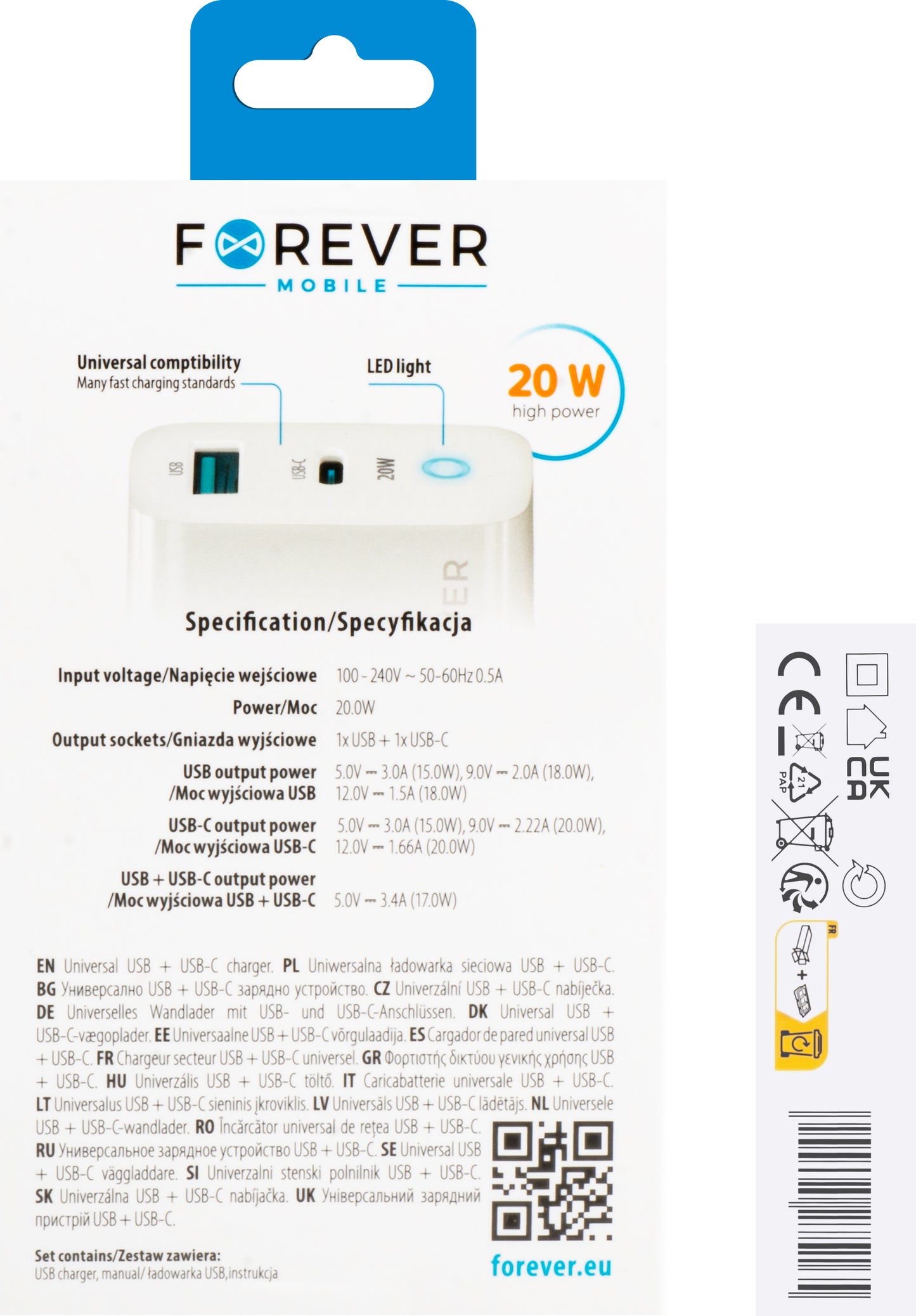 Punjač za mrežu Forever TC-06-20AC, 20W, 3A, 1 x USB-A - 1 x USB-C, Beli