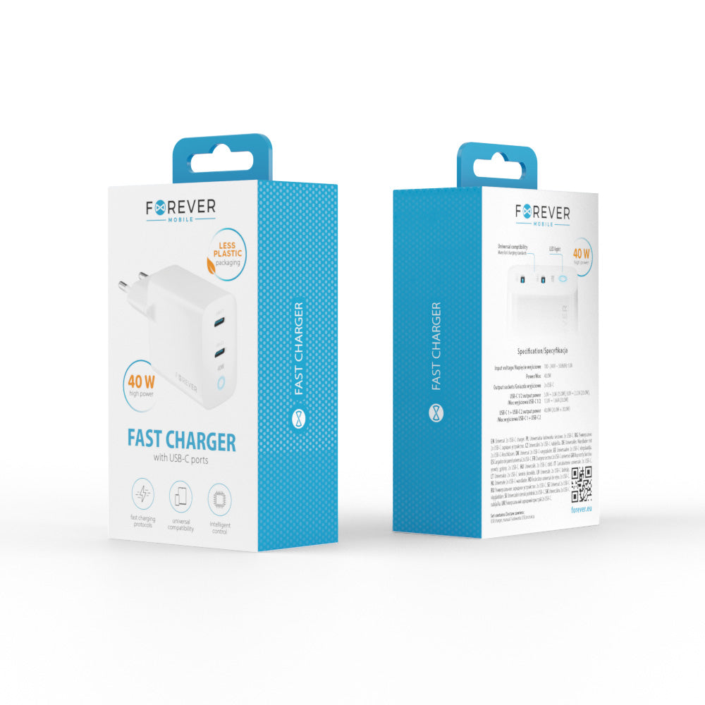 Punjač za mrežu Forever TC-06-40CC, 40W, 3A, 2 x USB-C, Beli