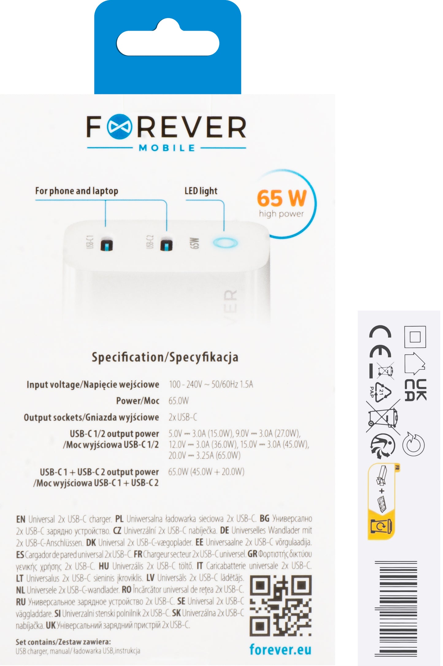 Punjač za mrežu Forever TC-06-65CC, 65W, 3.25A, 2 x USB-C, Bijeli