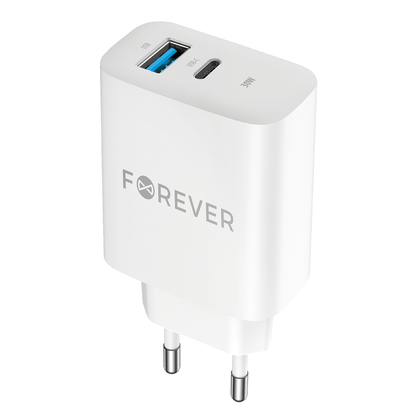 Mrežni punjač Forever TC-07-30AC, 30W, 3A, 1 x USB-A - 1 x USB-C, Bijeli