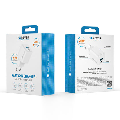 Punjač za mrežu Forever TC-08-20AC, 20W, 3A, 1 x USB-A - 1 x USB-C, Beli
