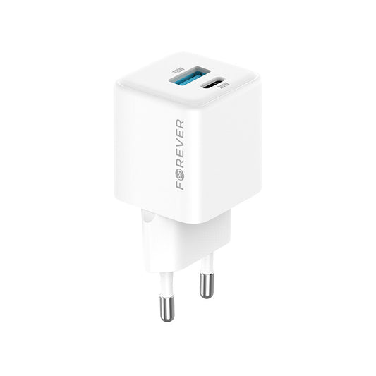 Punjač za mrežu Forever TC-08-20AC, 20W, 3A, 1 x USB-A - 1 x USB-C, Beli