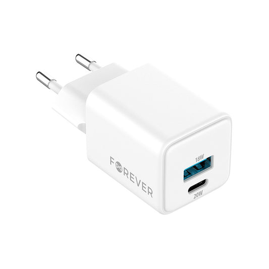Punjač za mrežu Forever TC-08-20AC, 20W, 3A, 1 x USB-A - 1 x USB-C, Beli