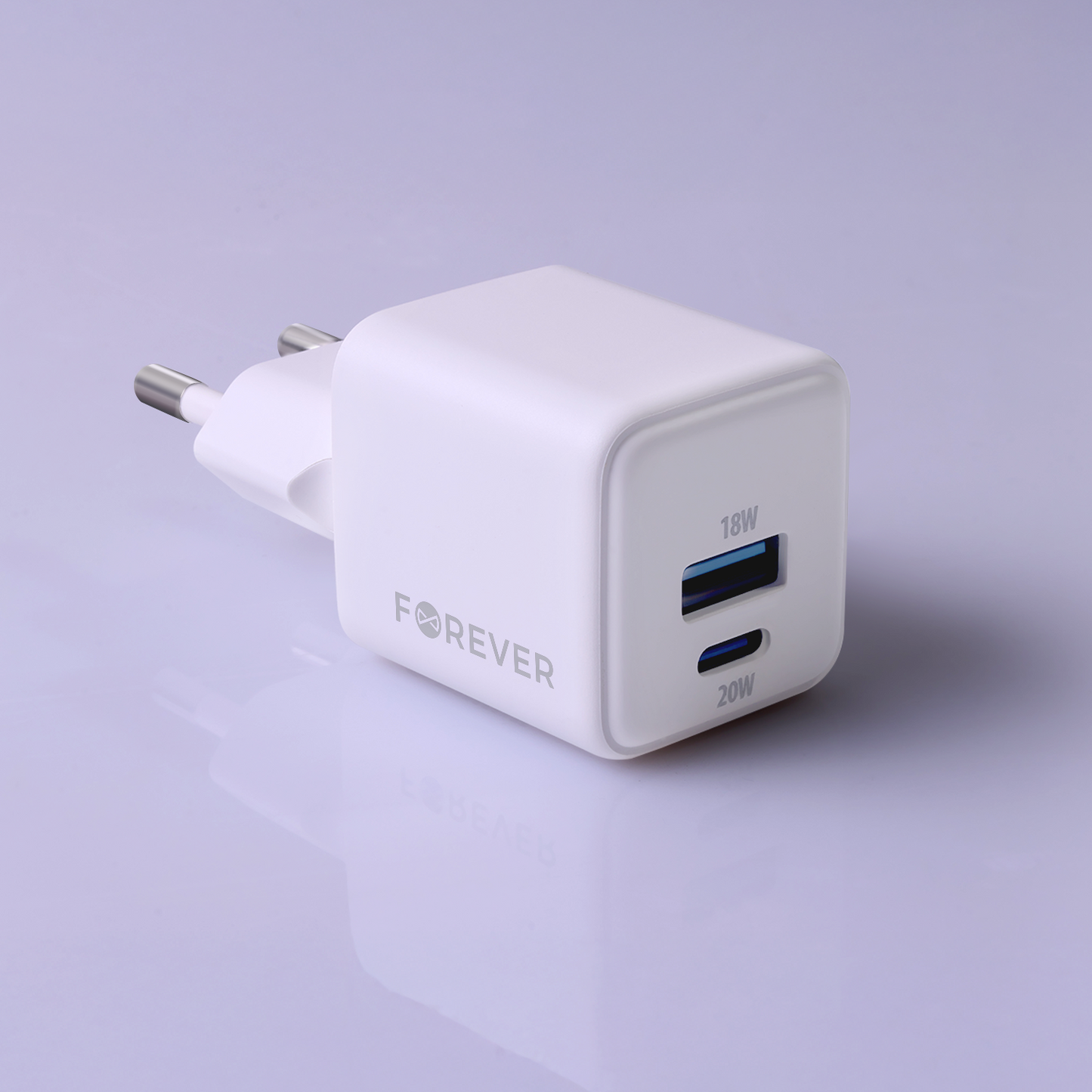 Punjač za mrežu Forever TC-08-20AC, 20W, 3A, 1 x USB-A - 1 x USB-C, Beli