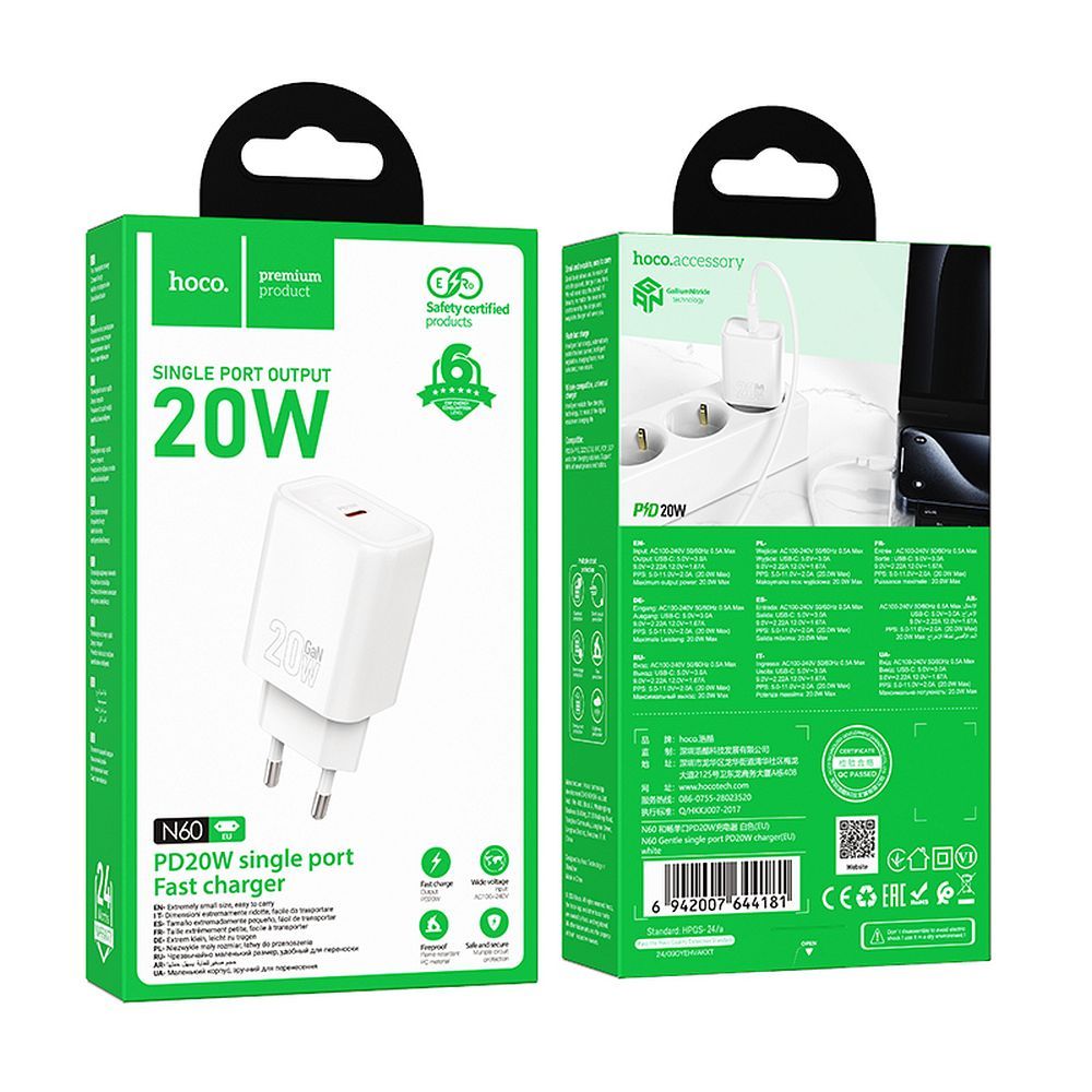 Punjač Mreže HOCO N60, 20W, 3A, 1 x USB-C, Beli