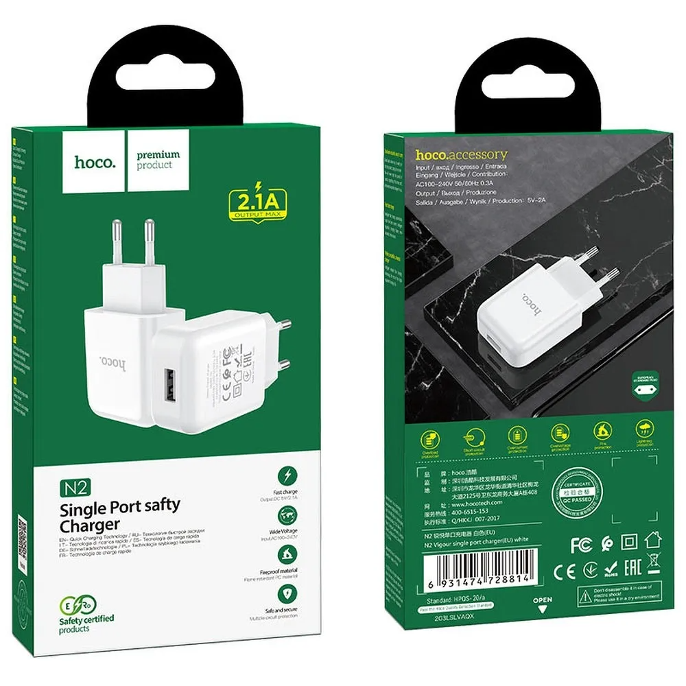 Punjač za mrežu HOCO N2, 10W, 2A, 1 x USB-A, Bela