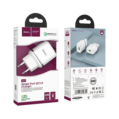 Punjač za mrežu HOCO N3, 18W, 3A, 1 x USB-A, Bela