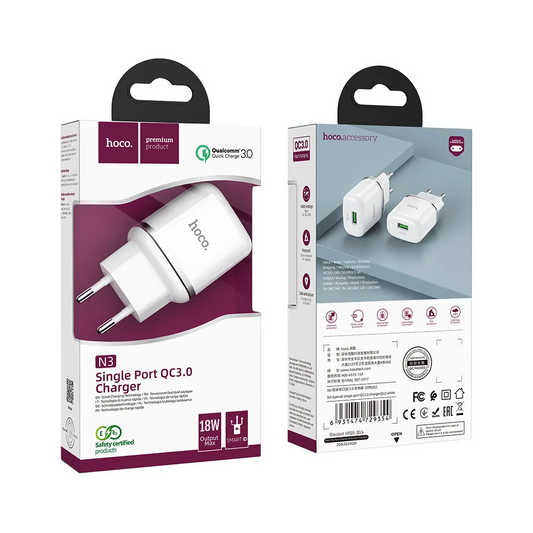Punjač za mrežu HOCO N3, 18W, 3A, 1 x USB-A, Bela