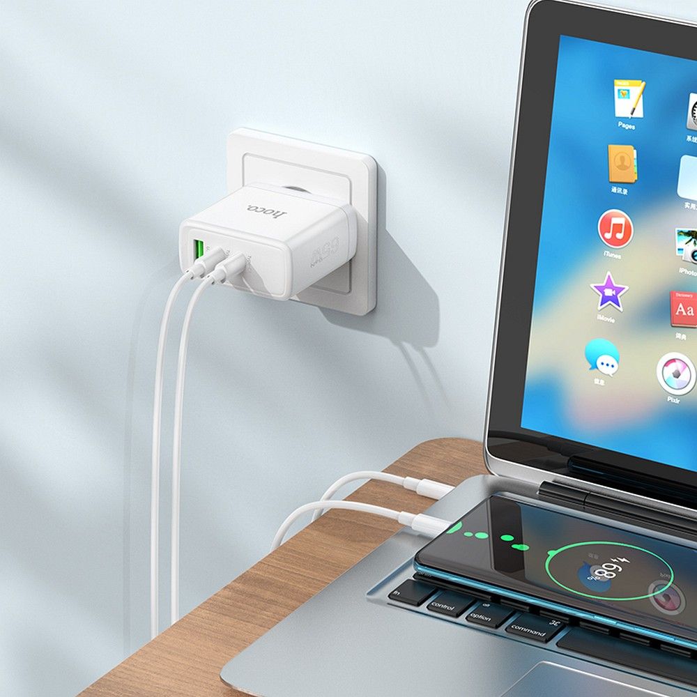 Punjač za mrežu HOCO N30, 65W, 3.25A, 1 x USB-A - 2 x USB-C, Beli