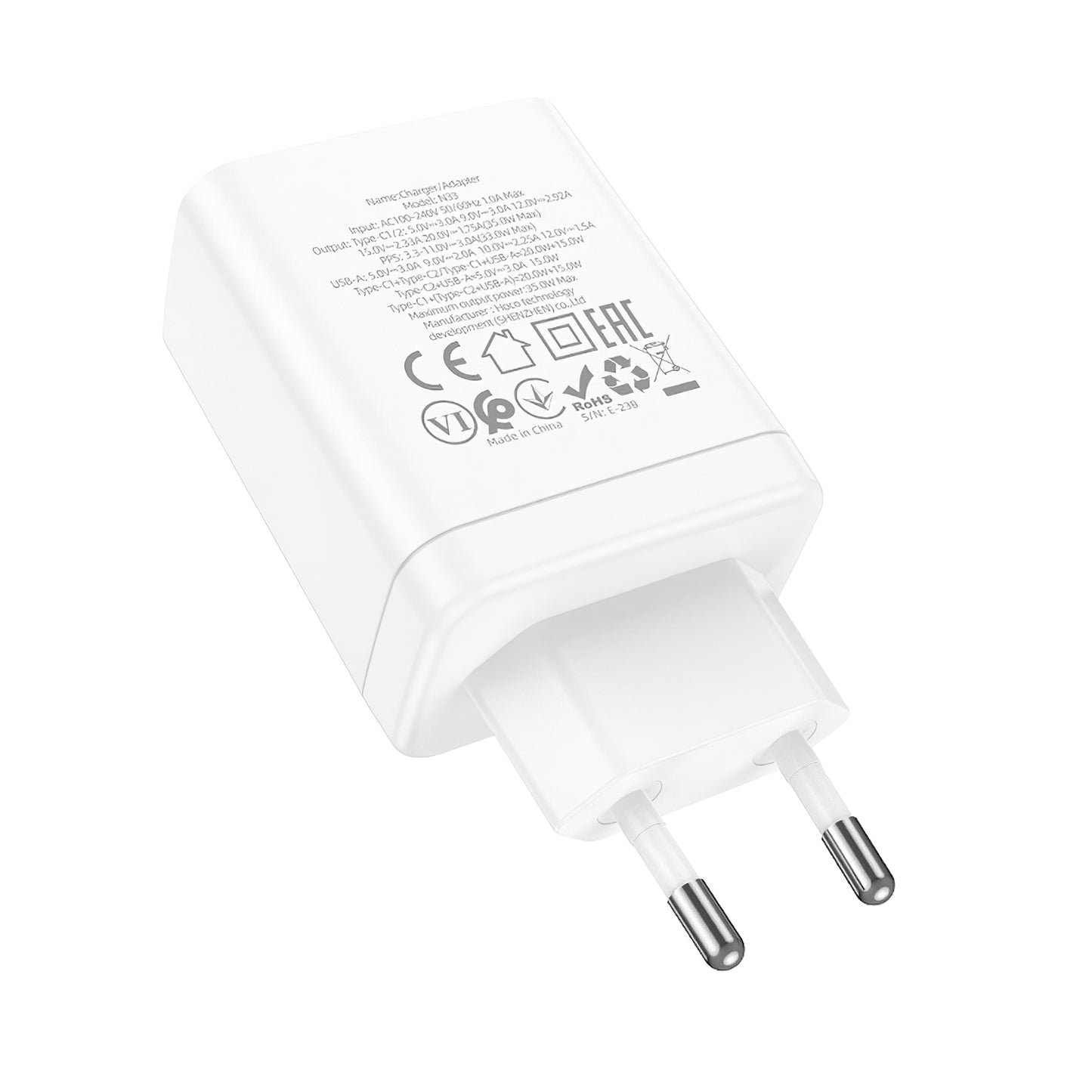 Network Charger HOCO N33, 35W, 3A, 1 x USB-A - 2 x USB-C, White 