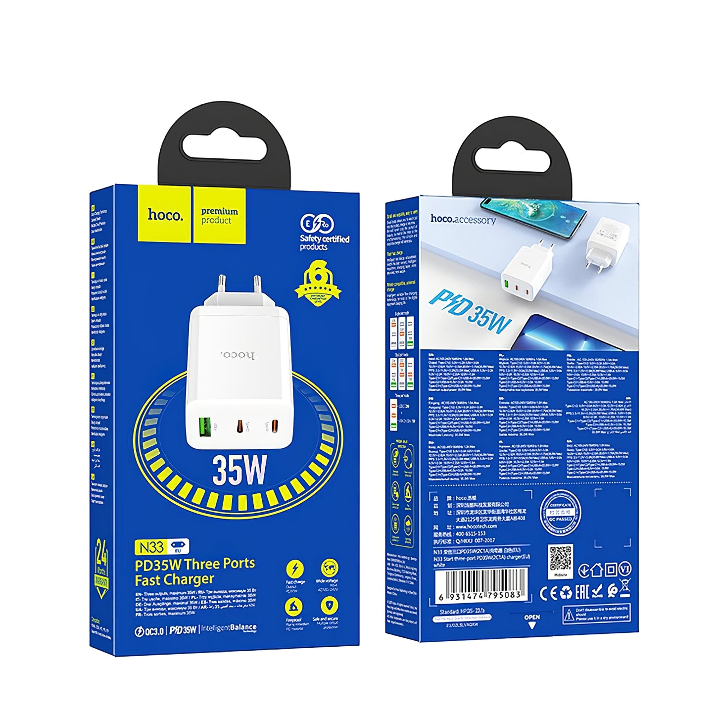 Network Charger HOCO N33, 35W, 3A, 1 x USB-A - 2 x USB-C, White 