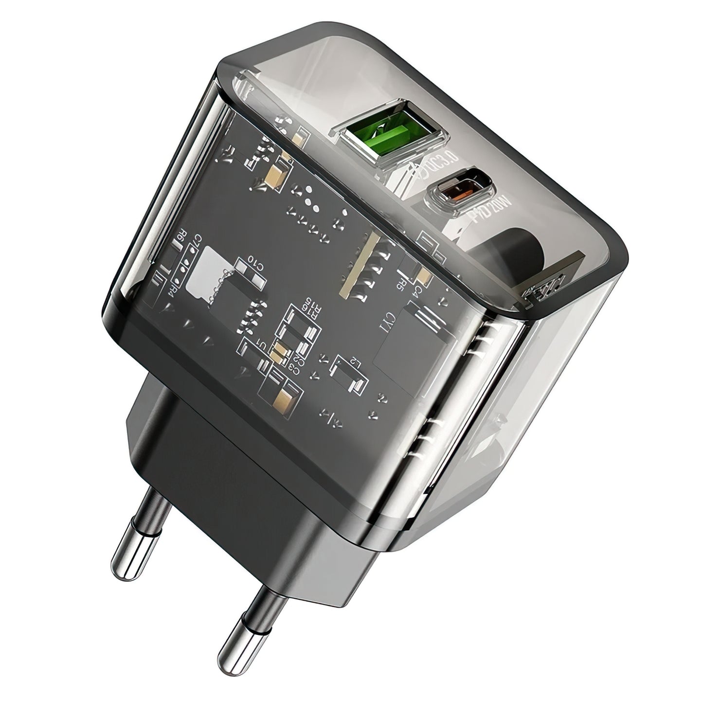 Punjač za mrežu HOCO N34, 20W, 3A, 1 x USB-A - 1 x USB-C, Transparent