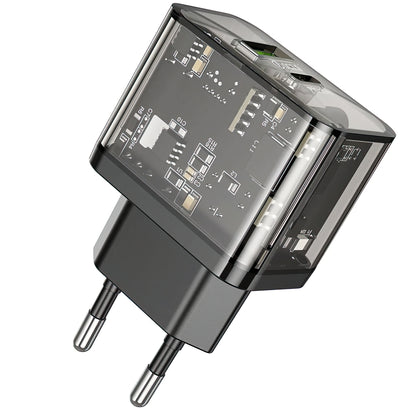 Punjač za mrežu HOCO N34, 20W, 3A, 1 x USB-A - 1 x USB-C, Transparent