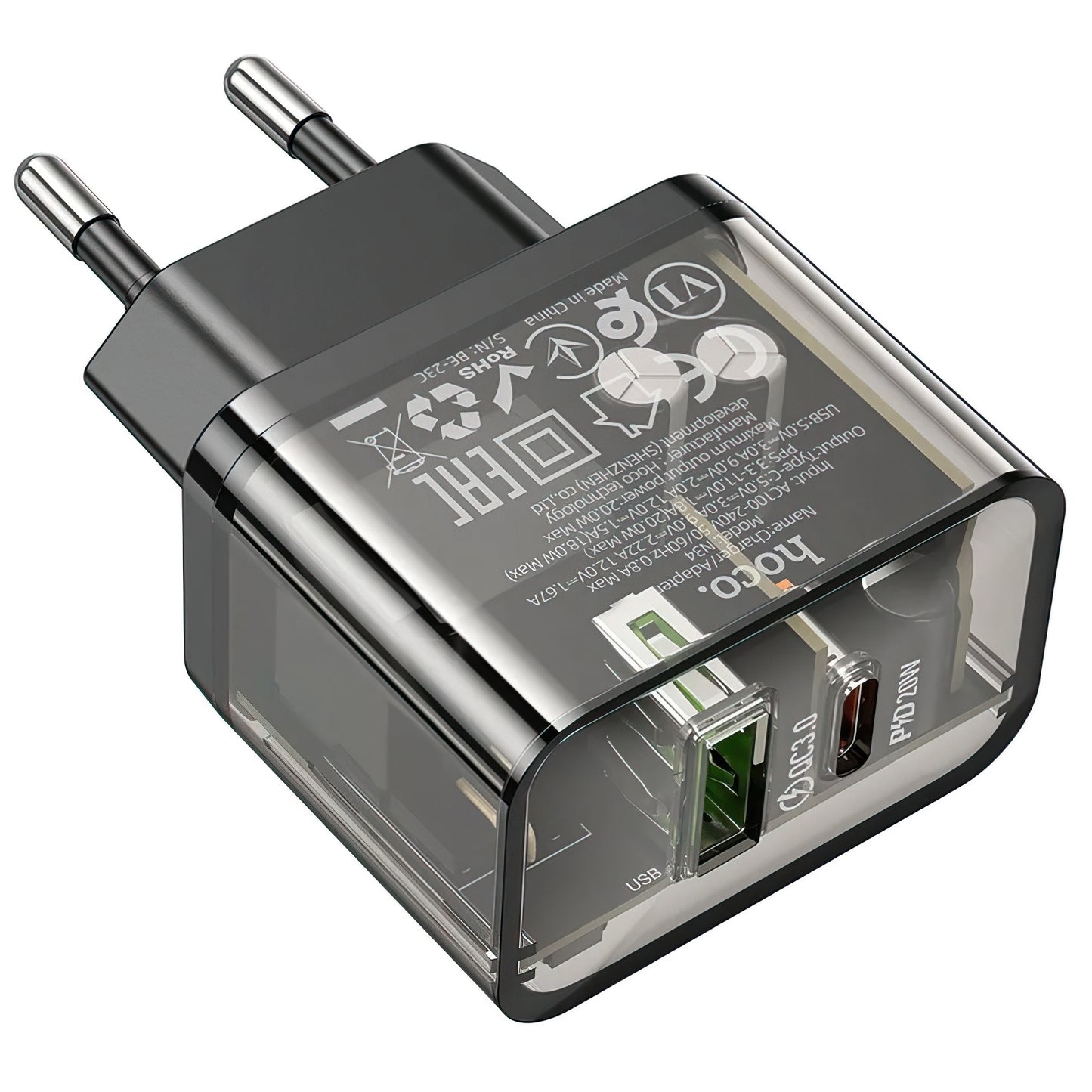 Punjač za mrežu HOCO N34, 20W, 3A, 1 x USB-A - 1 x USB-C, Transparent