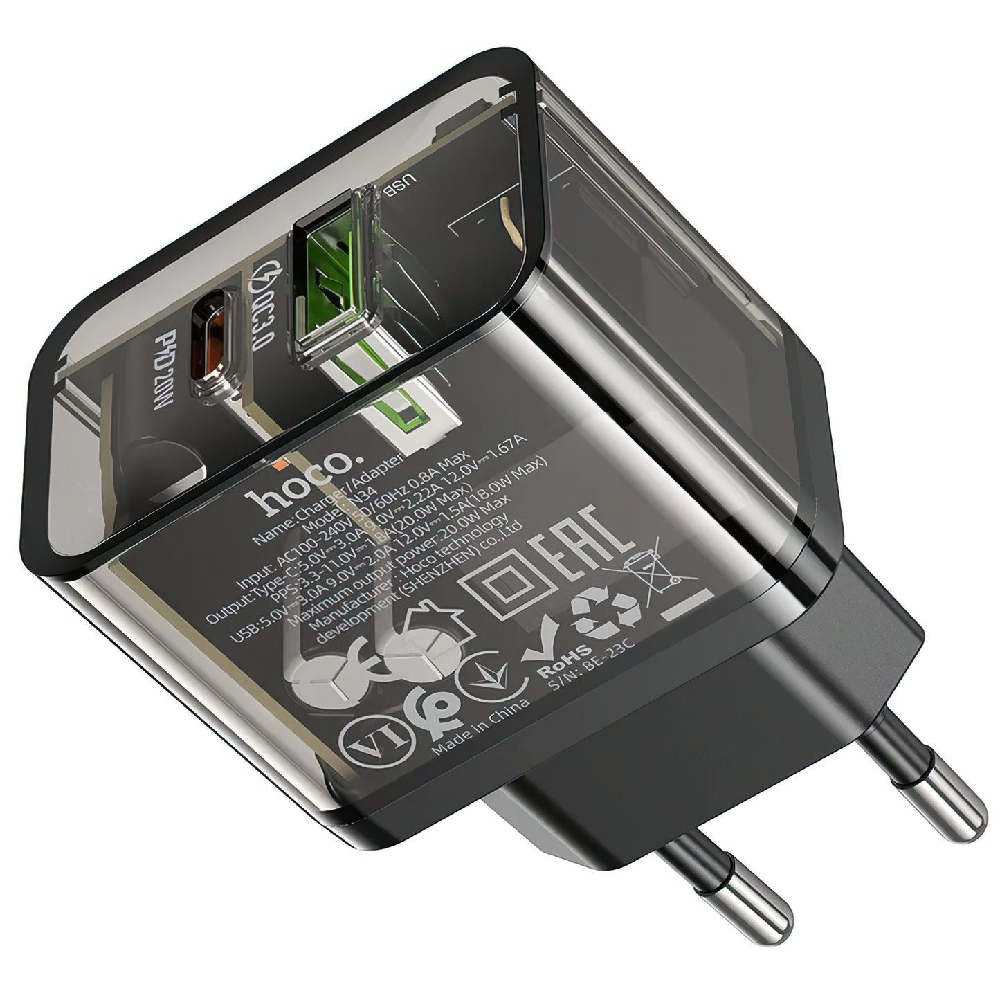Punjač za mrežu HOCO N34, 20W, 3A, 1 x USB-A - 1 x USB-C, Transparent