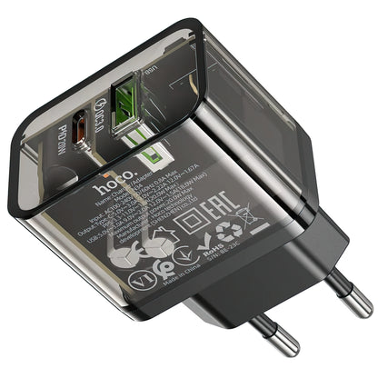 Punjač za mrežu HOCO N34, 20W, 3A, 1 x USB-A - 1 x USB-C, Transparent