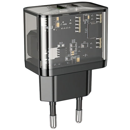Punjač za mrežu HOCO N34, 20W, 3A, 1 x USB-A - 1 x USB-C, Transparent