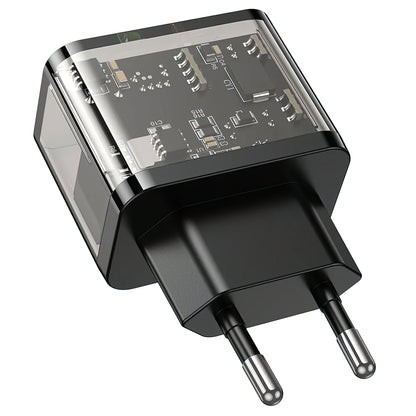 Punjač za mrežu HOCO N34, 20W, 3A, 1 x USB-A - 1 x USB-C, Transparent