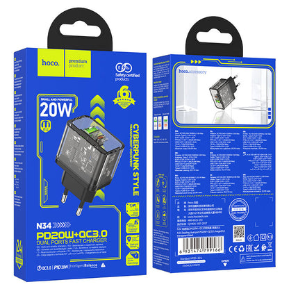 Punjač za mrežu HOCO N34, 20W, 3A, 1 x USB-A - 1 x USB-C, Transparent