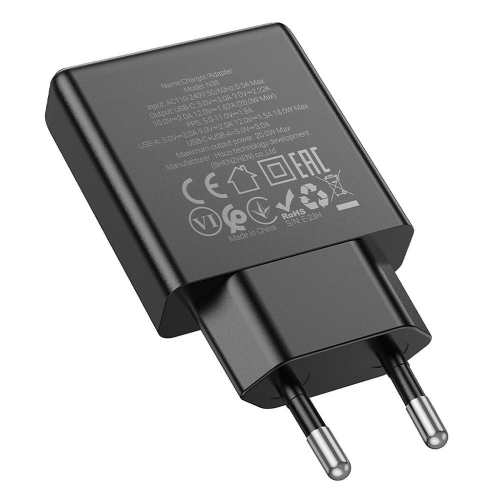 Punjač za mrežu HOCO N38, 20W, 3A, 1 x USB-A - 1 x USB-C, Crni