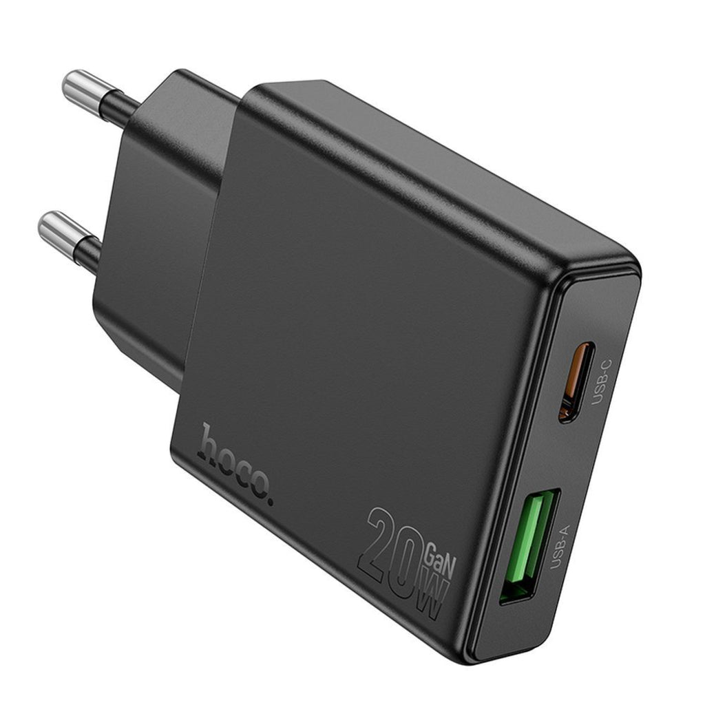 Punjač za mrežu HOCO N38, 20W, 3A, 1 x USB-A - 1 x USB-C, Crni