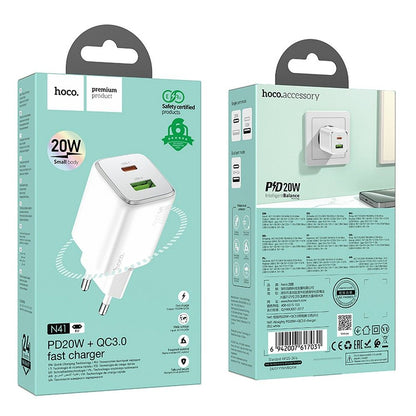 Punjač za mrežu HOCO N41, 20W, 3A, 1 x USB-A - 1 x USB-C, Beli