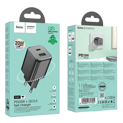 Punjač za mrežu HOCO N41, 20W, 3A, 1 x USB-A - 1 x USB-C, Crni
