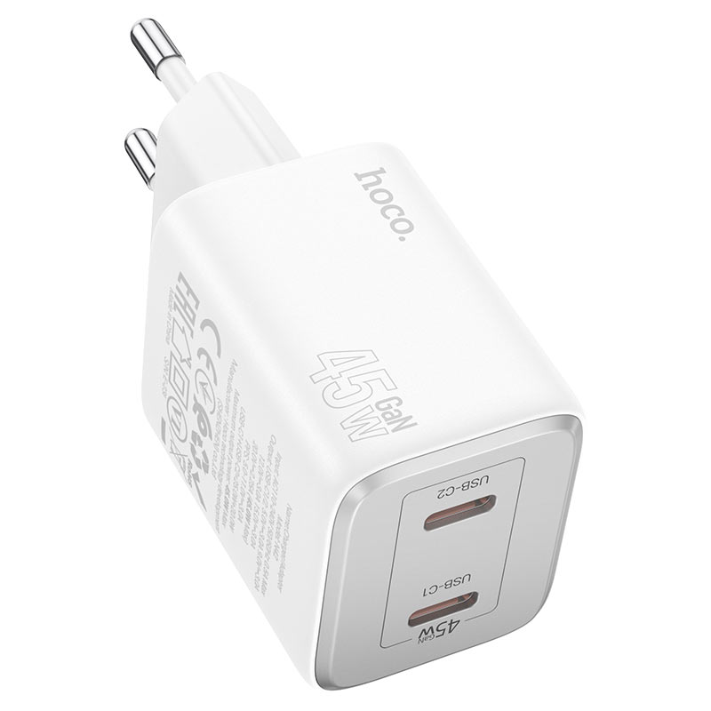 Network Charger HOCO N42, 45W, 3A, 2 x USB-C, White 