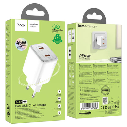 Network Charger HOCO N42, 45W, 3A, 2 x USB-C, White 