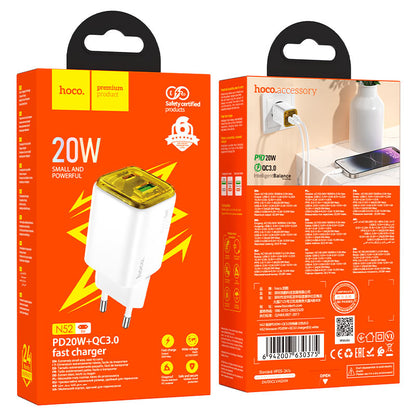 Punjač za mrežu HOCO N52, 20W, 3A, 1 x USB-A - 1 x USB-C, Beli