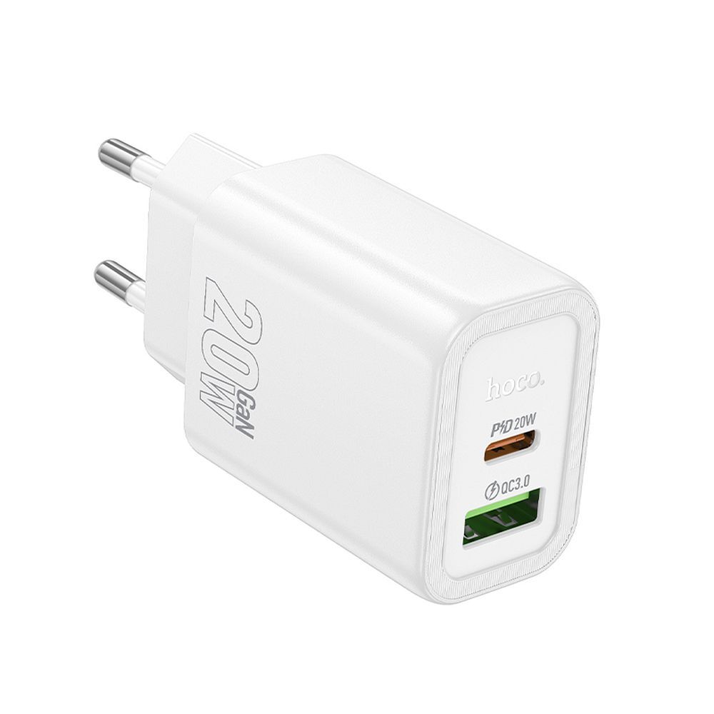 Punjač za mrežu HOCO N61, 20W, 3A, 1 x USB-A - 1 x USB-C, Beli