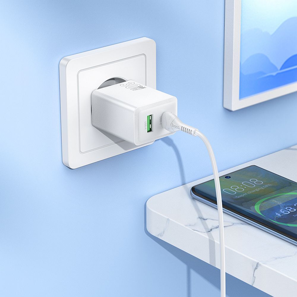 Punjač za mrežu HOCO N71, 30W, 3A, 1 x USB-A - 1 x USB-C, Beli