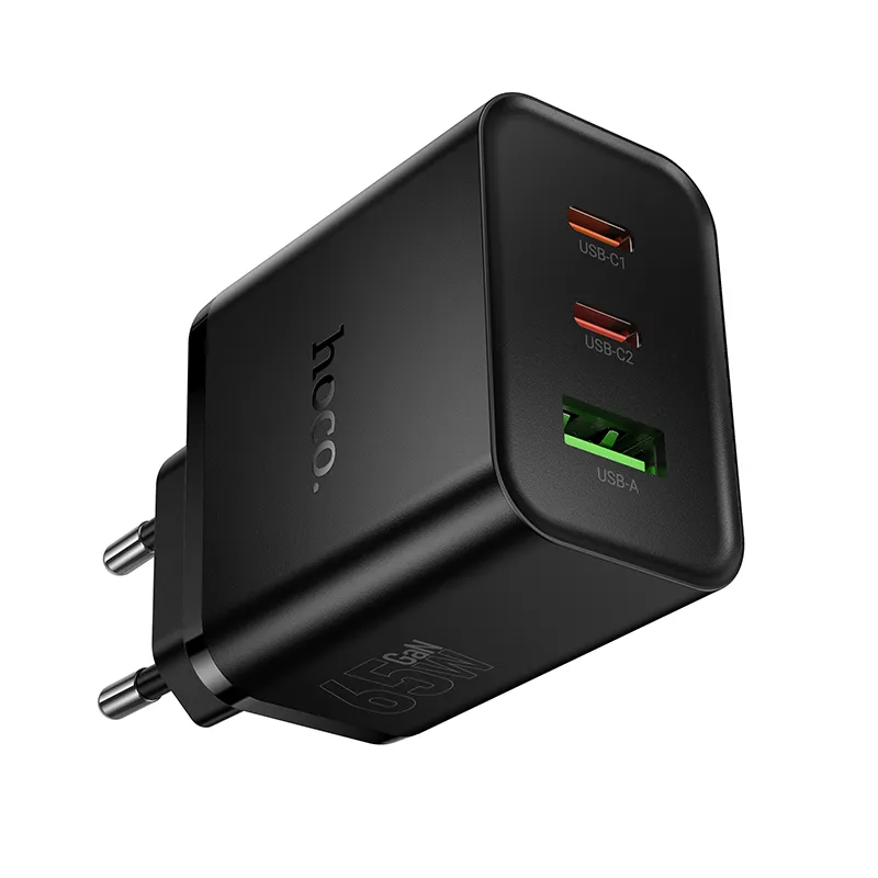 Punjač za mrežu HOCO N75, 65W, 3A, 1 x USB-A - 2 x USB-C, Crni