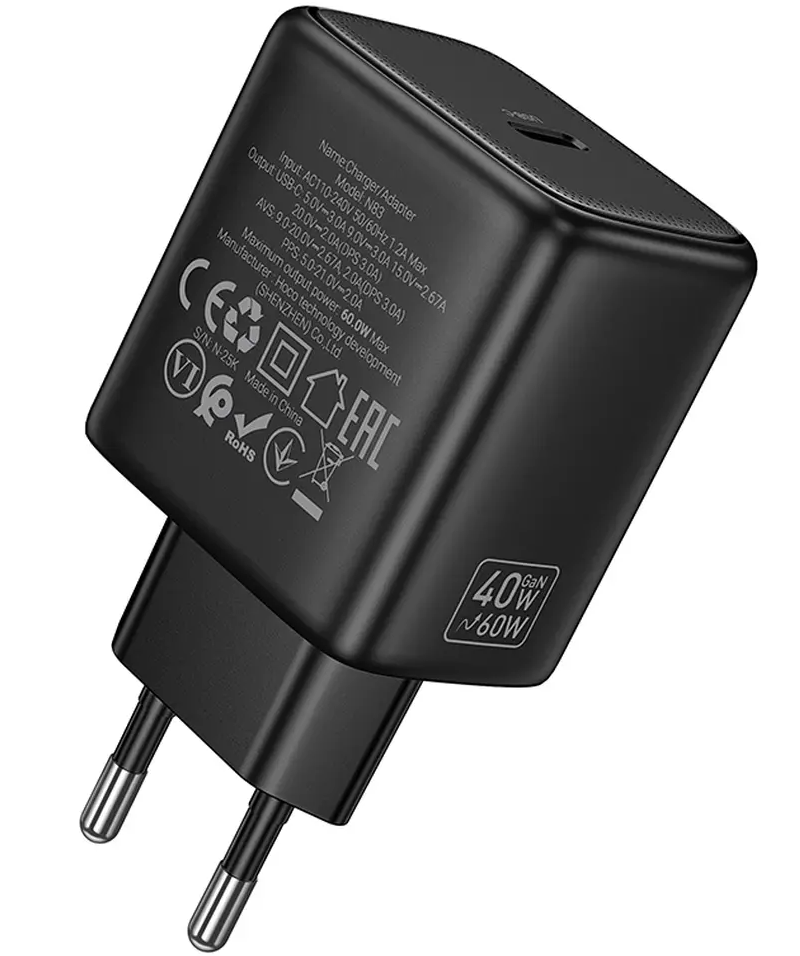 Punjač za mrežu HOCO N83, 40W, 3A, 1 x USB-C, Crna
