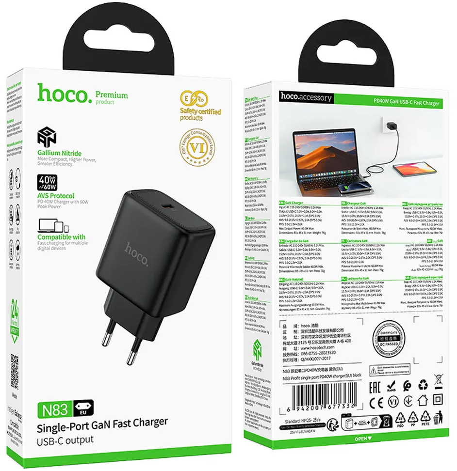 Punjač za mrežu HOCO N83, 40W, 3A, 1 x USB-C, Crna