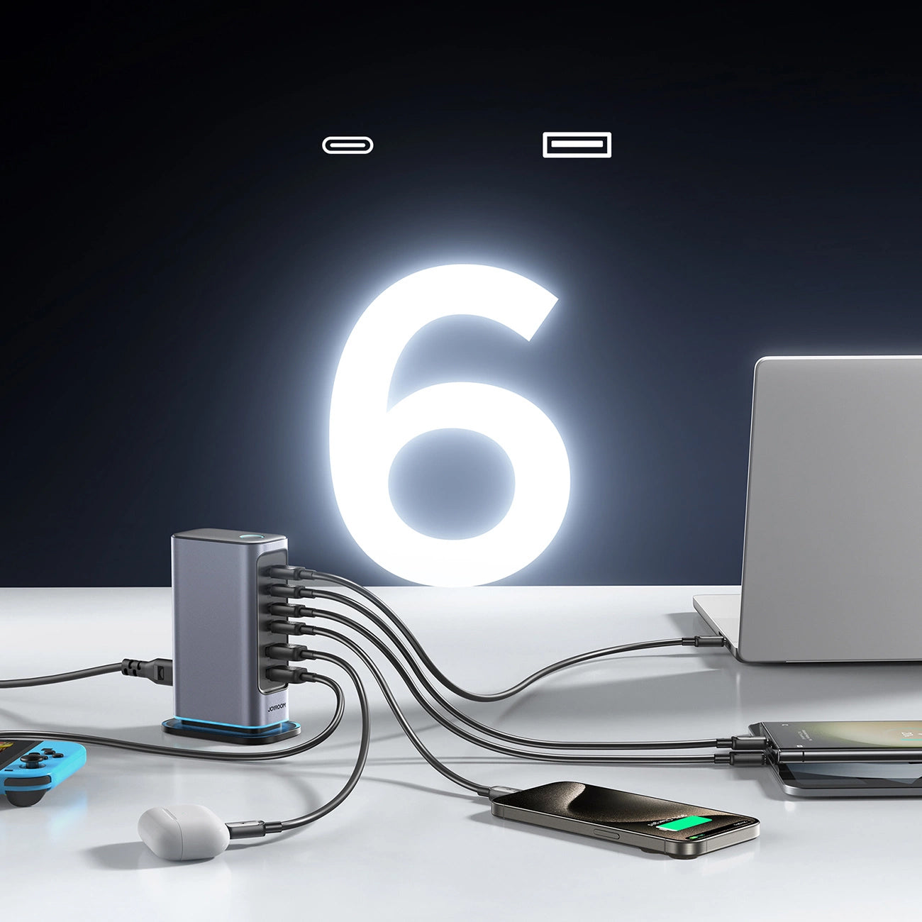 Punjač Stanica Joyroom JR-TCM02, 65W, 3.25A, 2 x USB-A - 4 x USB-C, Sivi