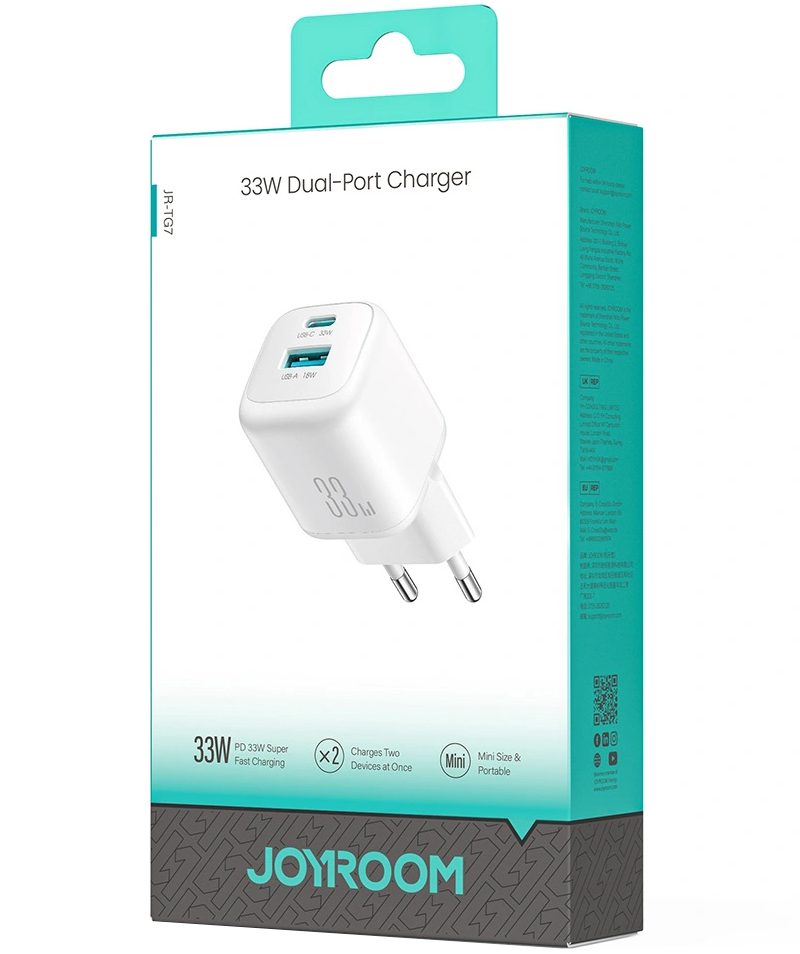 Punjač mreže Joyroom JR-TG7, 33W, 3A, 1 x USB-A - 1 x USB-C, Beli