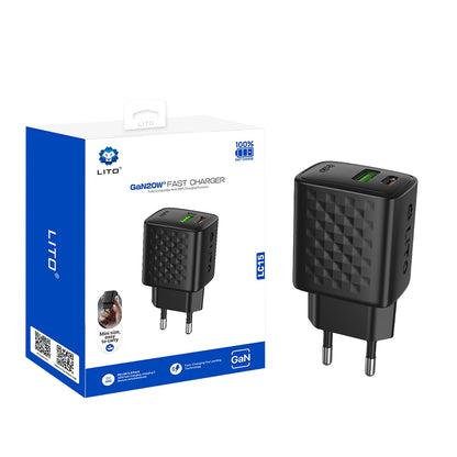 Punjač Mreža Lito LC15, 20W, 3A, 1 x USB-A - 1 x USB-C, Crni