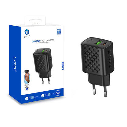 Punjač za mrežu Lito LC19, 30W, 3A, 1 x USB-A - 1 x USB-C, Crni
