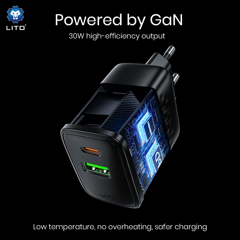 Punjač za mrežu Lito LC19, 30W, 3A, 1 x USB-A - 1 x USB-C, Crni